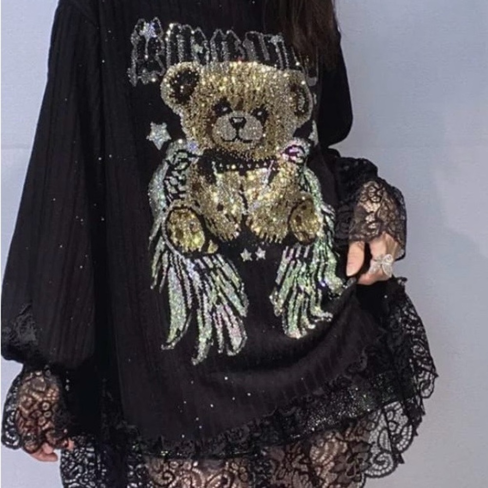 Black Sequin Teddy Bear Dress with Lace